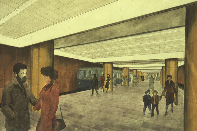 Stanice Pražská v Moskvě, návrh, perspektiva (archiv Metrostavu) Stanice Pražská v Moskvě, návrh, perspektiva (archiv Metrostavu)